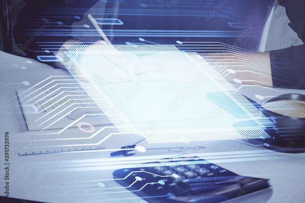 Writing Man hands with data theme multi exposure icons.