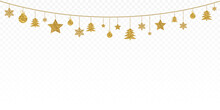Gold Garland In Grunge Style On A White Transparent Background. Element For Festive Winter Design.