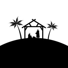 Sticker - holy family mangers characters in stable with palms scene silhouettes