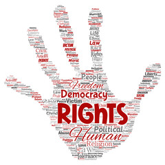 vector conceptual human rights political freedom, democracy hand print stamp word cloud isolated bac