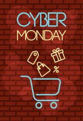 Poster - cyber monday neon label with shopping cart and gifts