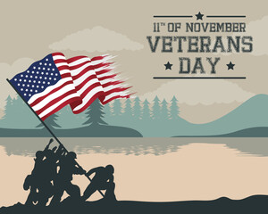 happy veterans day celebration card with soldiers lifting usa flag in lake scene