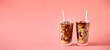 Glasses of coffee milk on pink background. Cold beverage tasty. Refreshment food. Web banner