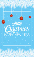 Wall Mural - happy merry christmas and new year lettering card with balls hanging