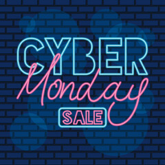 Poster - cyber monday neon label in blue wall