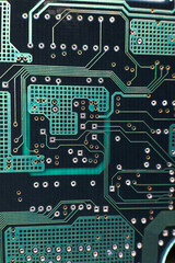 Fototapete - Augmented reality graphics showing chip structure. Inside of electronic device. Close-up macro shot of printed circuit board with computer motherboard component microchip.