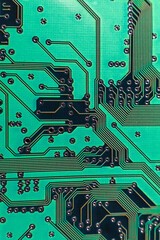 Fototapete - Augmented reality graphics showing chip structure. Inside of electronic device. Close-up macro shot of printed circuit board with computer motherboard component microchip.