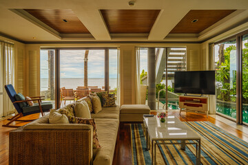 interior and decoration of living room of beach front bungalow of seaside resort