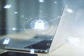 Poster - Creative light lock illustration with microcircuit on modern computer background, cyber security concept. Multiexposure