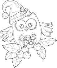 Cartoon Cute Christmas Owl In Winter Hat And With Mistletoe Sketch Template. Vector Illustration In Black And White For Games, Background, Pattern, Decor. Coloring Paper, Page, Story Book