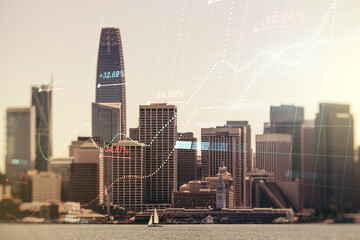 Aufkleber - Abstract virtual analytics data spreadsheet on San Francisco cityscape background, analytics and analysis concept. Multiexposure