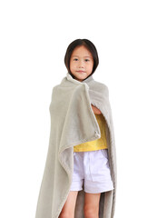 Wall Mural - asian little child girl cover head with gray blanket isolated on white background