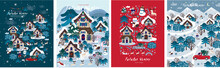 Fabulous Winter. Vector Illustration Of Christmas New Year City, Houses, Forest, Trees, Santa Claus And Snowman. Drawings For Postcard, Poster And Background
