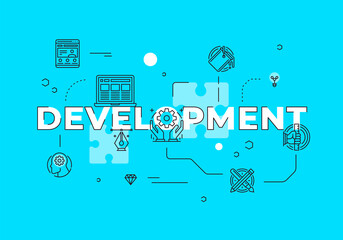 Poster - Development text concept modern flat style vector illustration red banner with outline icons