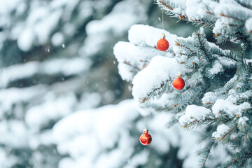 Wall Mural - red balls hang on a branch of a christmas tree. photo for greeting cards. christmas mood. white snow