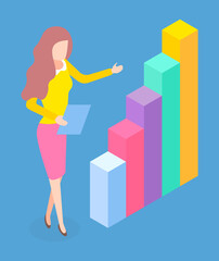 Poster - woman standing near diagram consisting of vertical color rectangular bar, vector illustration. step 