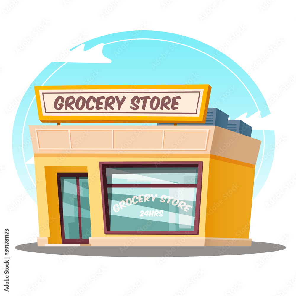 Grocery shop building.Cartoon illustration of grocery store. 