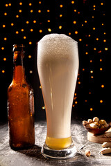 Wall Mural - Hipster beer with pouring foam over the edge for celebration design. Design element. Grey background