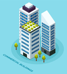 Wall Mural - Skyscraper buildings in city space with green plants on the roof in flat style concept top view isolated on blue. Modern urban structure with house facade. Commercial constructions with apartments