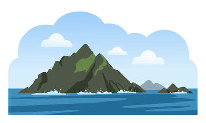 Wall Mural - Skellig Michael. Great Skellig. Twin-pinnacled irish crag. Travel to Ireland. Sea scenic view. Colorful vector illustration.