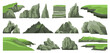 Set of rocks, hills, cliffs, mountains peaks and stones isolated on white background. Rocky landscape elements. Colorful vector illustration.