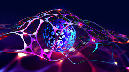 Aufkleber - AI concept. Nanotechnological cocoon, futuristic processor, neural networks in cyber world. High technology and nanostructure development. 3d illustration of abstract mesh in global cyberspace