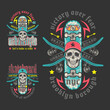 © valeri_si - Skateboarding emblem set with skull and crossed skyboards. Print graphic and web design. Color vector illustration.