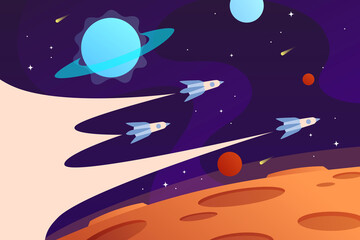 Wall Mural - horizontal space background with flying spaceships and planets. rocket race. web design. space explo