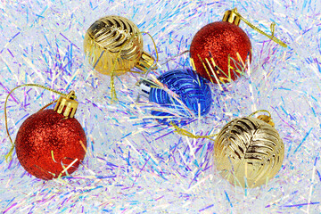 Christmas tinsel. Colorful balls. Christmas background. New year background