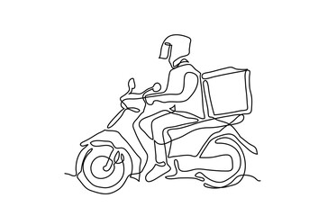 Wall Mural - one continuous line of Delivery Man Ride Motorcycle illustration