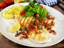 Grilled Plaice Fish Fillet With Bacon