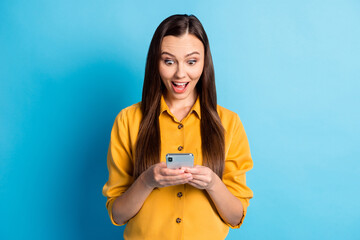 Poster - Portrait of funky optimistic brunette lady writing telephone wear yellow cloth isolated on teal color background