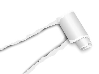 Wall Mural - Torn, snatched window placed diagonally in sheet of white paper with paper curl. White background of the resulting hole. Template paper design.