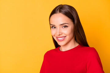 Canvas Print - Headshot of attractive lady toothy smiling wear casual red top isolated over yellow color background