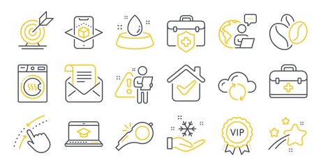 Set of line icons, such as Mail newsletter, Website education, Whistle symbols. Target goal, Coffee beans, Augmented reality signs. Freezing, Water bowl, Cloud sync. Vip award, Swipe up. Vector