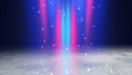 Poster - Dark Christmas abstract background. Snow cover, neon glow, blurred bokeh, snowflakes. 3d illustration