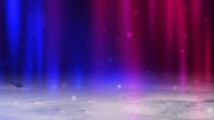 Poster - Dark Christmas abstract background. Snow cover, neon glow, blurred bokeh, snowflakes. 3d illustration