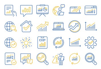 Aufkleber - Analytics, Statistics line icons. Set of Chart, Report document and Graph icons. Data analytics, Presentation chart and Communication. Global Statistics, hold document and checklist report. Vector