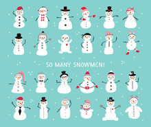 Vector Set Of Cute Snowmen. Cartoon Funny Snowman Collection. Winter Holidays, Christmas And New Year Design