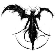 A Black Silhouette Of A Sinister Demoness With Huge Wings, Gracefully Walking Forward With Two Sabers At The Ready, Gracefully Waving Her Tail. 2D Illustration.