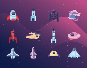 Poster - set icons of spaceships, space rocket and planet