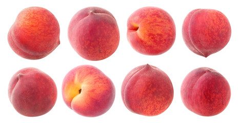 Isolated peaches. Collection of fresh peach fruits isolated on white background at different angles