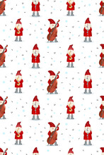 Seamless Pattern Musician Santa Claus In Red Coat, Musician With Musical Instruments And Note On White Background. Christmas Party, Jazz Band, Illustration For Fabric, Textile, Wrapping Paper Or Web
