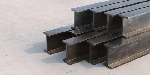 steel beams stack on cement concrete background. 3d illustration