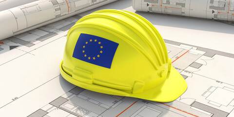 Wall Mural - European Union flag construction hardhat on building project plans, 3d illustration