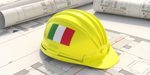 Wall Mural - Italy flag construction hardhat on building project plans, 3d illustration