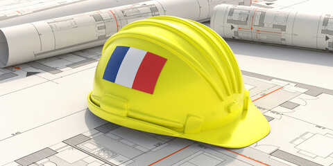 Wall Mural - France flag construction hardhat on building project plans, 3d illustration