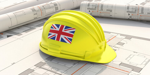 Wall Mural - United Kingdom flag construction hardhat on building project plans, 3d illustration