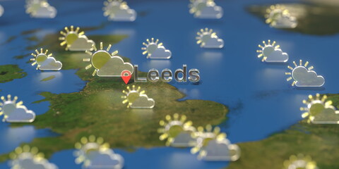 Wall Mural - Leeds city and partly cloudy weather icon on the map, weather forecast related 3D rendering