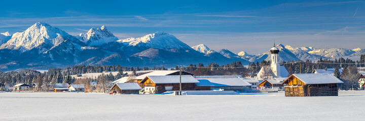 panoramic landscape at winter with alps mountains in Bavaria